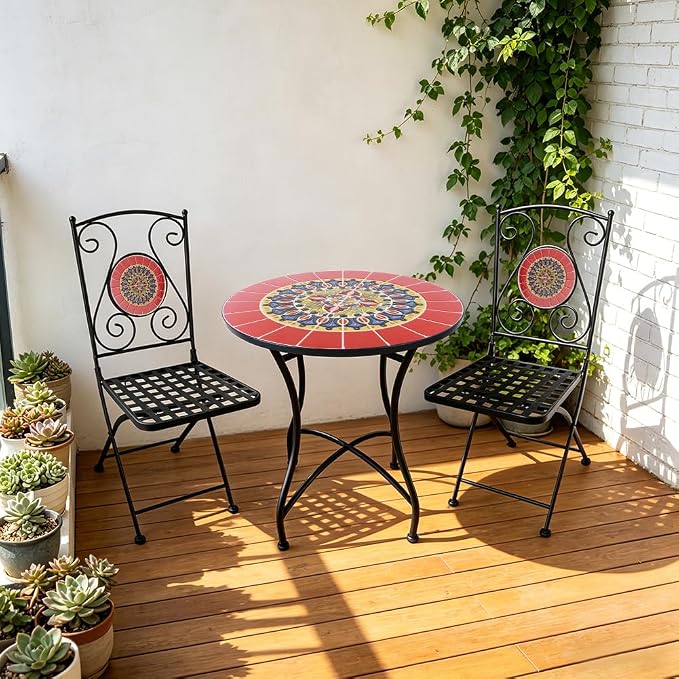 3 Piece Bistro Sets Mosaic Tile Round Table Folding Chairs Garden | Set of 3 Patio Furniture 23.6" Table and 2 Chairs Outdoor Bistro Chairs Artistic Table for Balcony Porch Apartment Backyard