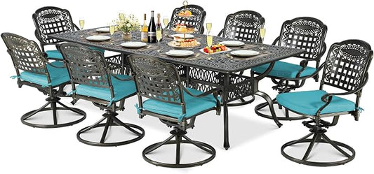9-Piece Patio Cast Aluminum Dining Set, Outdoor Table and Chairs Set for 8, Includes 94.5" Rectangular Dining Table and 8 Swivel Rocker Chairs W/Umbrella Hole for Lawn Garden, Ocean Blue