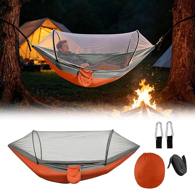 Heavy Duty Hammock with Mosquito Net–Canvas Hammock, Fade-Resistant Cotton Lounger, Roll-Free Comfort Design, Easy Setup for Backyard, Porch, Garden, Camping, Travel (Orange)