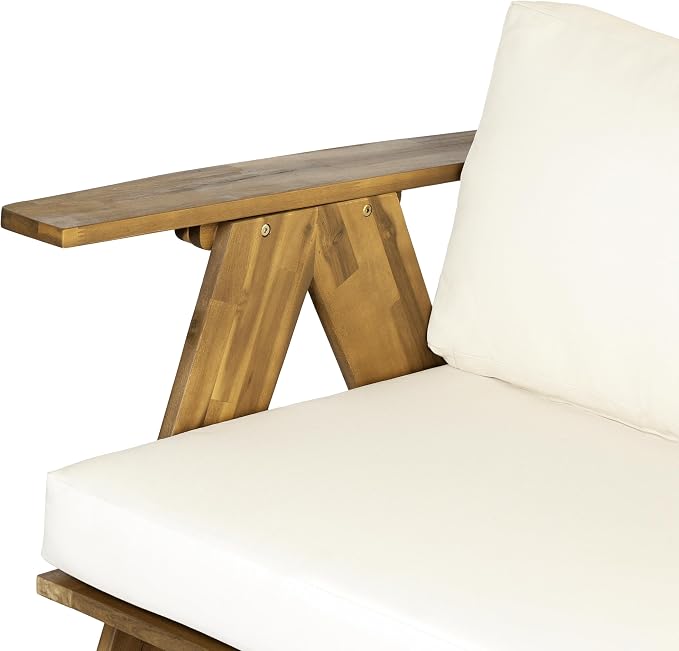 Christopher Knight Home Dina 4-Piece Patio Furniture Set, Acacia Wood Outdoor Conversation Set with Coffee Table, Outdoor 3-Seater Sofa and Club Chairs Set with Cushions for Backyard, Teak+Beige