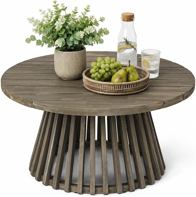 Round Outdoor Coffee Table for Patio, 31.5 Inch Acacia Wood Side Table with Slatted Pedestal Base, Farmhouse Outside Coffee Table for Garden, Balcony, Poolside, Porch, Weather-Resistant, Grey