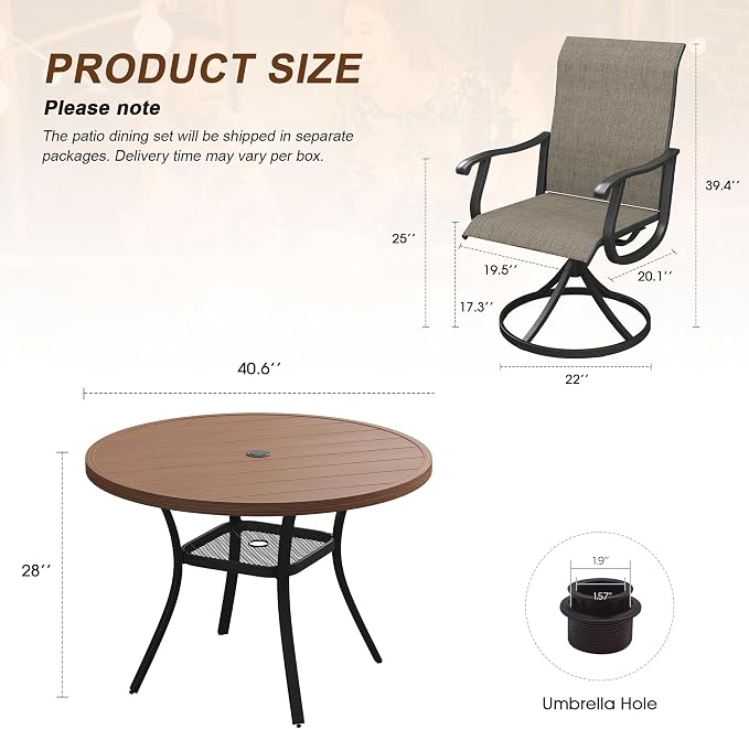 VICLLAX Patio 5 Pieces Outdoor Dining Set, 40.6" Round Metal Table with Umbrella Hole and 4 Swivel Textilene Chairs for Lawn, Garden, Porch, Walnut/Brown