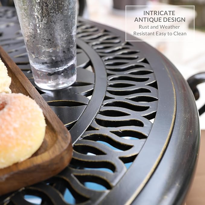 VIVIJASON 5-Piece Outdoor Patio Dining Set, All-Weather Cast Aluminum Conversation Set, Patio Furniture Set, Include 4 Swivel Cushioned Chairs, 1 Round Table w/Umbrella Hole, Ocean Blue Cushion
