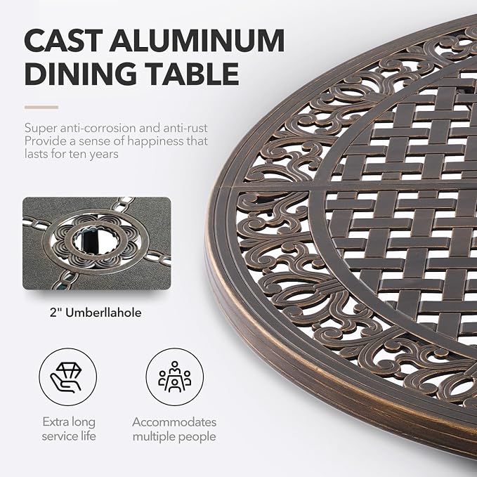 Outdoor Dining Set Cast Aluminum Retro Patio Dining Set with Thicker Cushion and Umbrella Hole for Patio Deck (Bronze Swivel Chair(Lattice), 7 Pcs(54" Round Table))