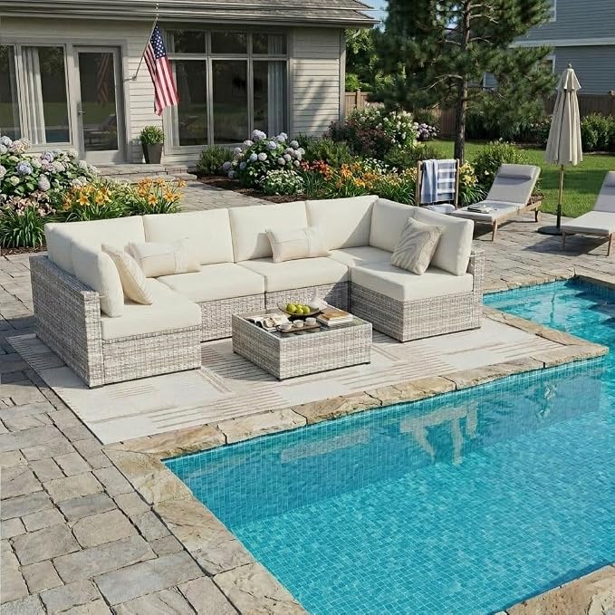 KIGOTY 7-Piece Patio Furniture Set, All-Weather PE Rattan Outdoor Sectional Sofa, Modular Wicker Conversation Set with Thick Cushions & Easy-Clean Coffee Table（Grey White/Grey）
