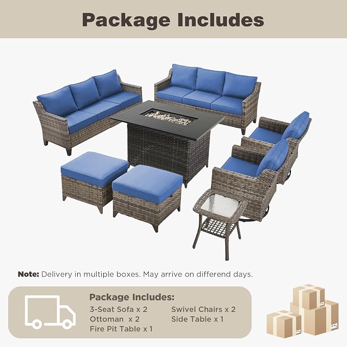 Belord Patio Wicker Swivel Rocker Patio Chairs with 3-Seater Sofa and 42.5" Fire Pit Table, Outdoor Furniture Set for Deck Porch Poolside, 8 Piece Patio Conversation Furniture Set,Blue