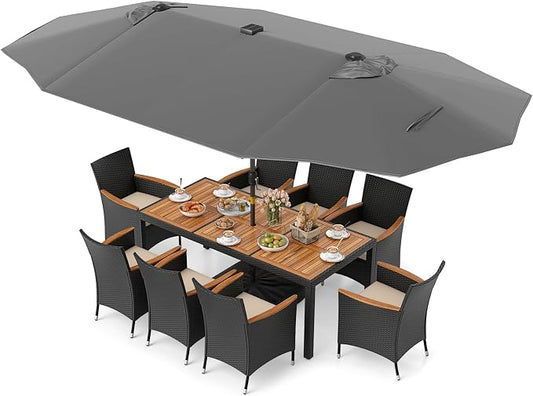 Tangkula 11 Pieces Patio Dining Set with Double-Sided Led Patio Umbrella (Base Included), with 8 Stackable Chairs, Acacia Wood Dining Table and Large Umbrella with Solar Lights (Grey + Off White)