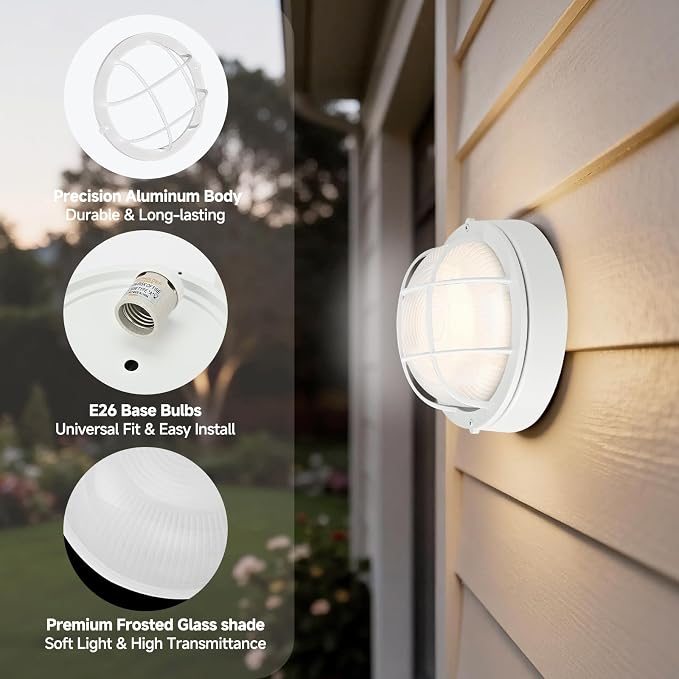 8"Outdoor Bulkhead Light, White Round Exterior Bulkhead Wall Light Fixture, Nautical Bulkhead Sconce lighting, Waterproof Sauna Light, Wall/Ceiling Flush Mount, Aluminum & Glass, E26 60W, 2 Pack