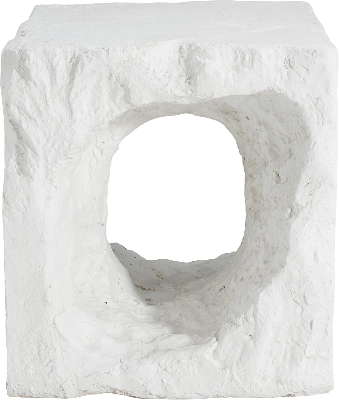 Christopher Knight Home Nataly 17.85" H Small Outdoor Side Table, Cubic Carved Garden Stool with Swirl Patterns, Lightweight Concrete End Table, Patio Decorative Home Stool for Balcony Backyard, White