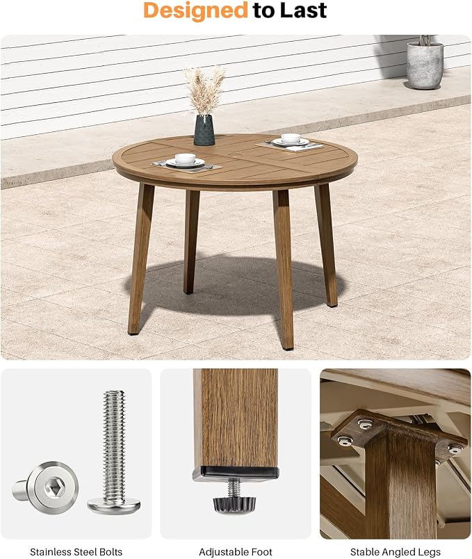 41" Round Outdoor Dining Table, Never-Rust Aluminum Patio Dining Table with Umbrella Hole, Round Patio Table for 4, Outdoor Round Dining Table for Backyard, Deck, Gardens, Teak