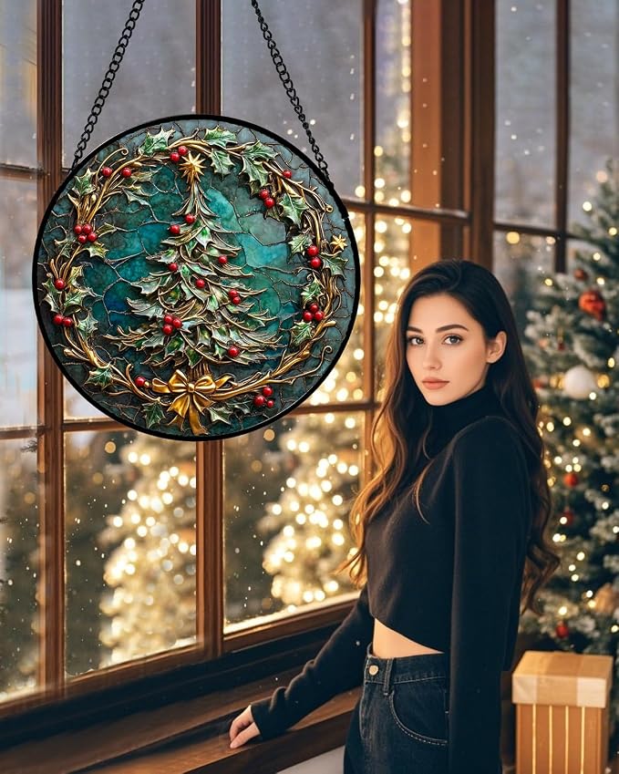 DASTOLL Stained Glass Window Hangings - Red Gold Green Wreath Suncatcher for Door Home Christmas Tree Decoration Sun Catcher Thanksgiving New Year Birthday Gift for Women Men Mom Grandma 15 in