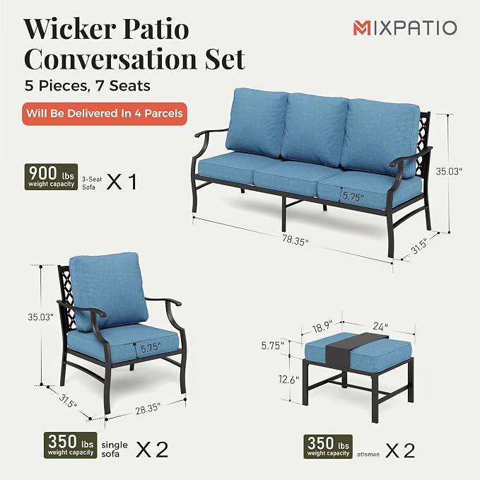 MIXPATIO Patio Furniture Set 5 pcs, Outdoor Patio Furniture, 3-Seat Sofa, 2 Single Chairs, 2 Ottomans and 5.75" Extra Thick Cushion, Conversation Set for Backyard Deck,Navy Blue