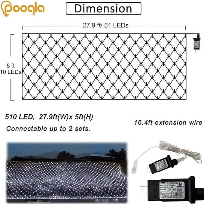 Cool White Net Lights, 28x 5ft Christmas Lights Outdoor Clear Wire | 510 LED Large Net Mesh Lights Plug in, 8 Modes Waterproof Connectable Bushes Lights for Christmas Hedge Yard Decor