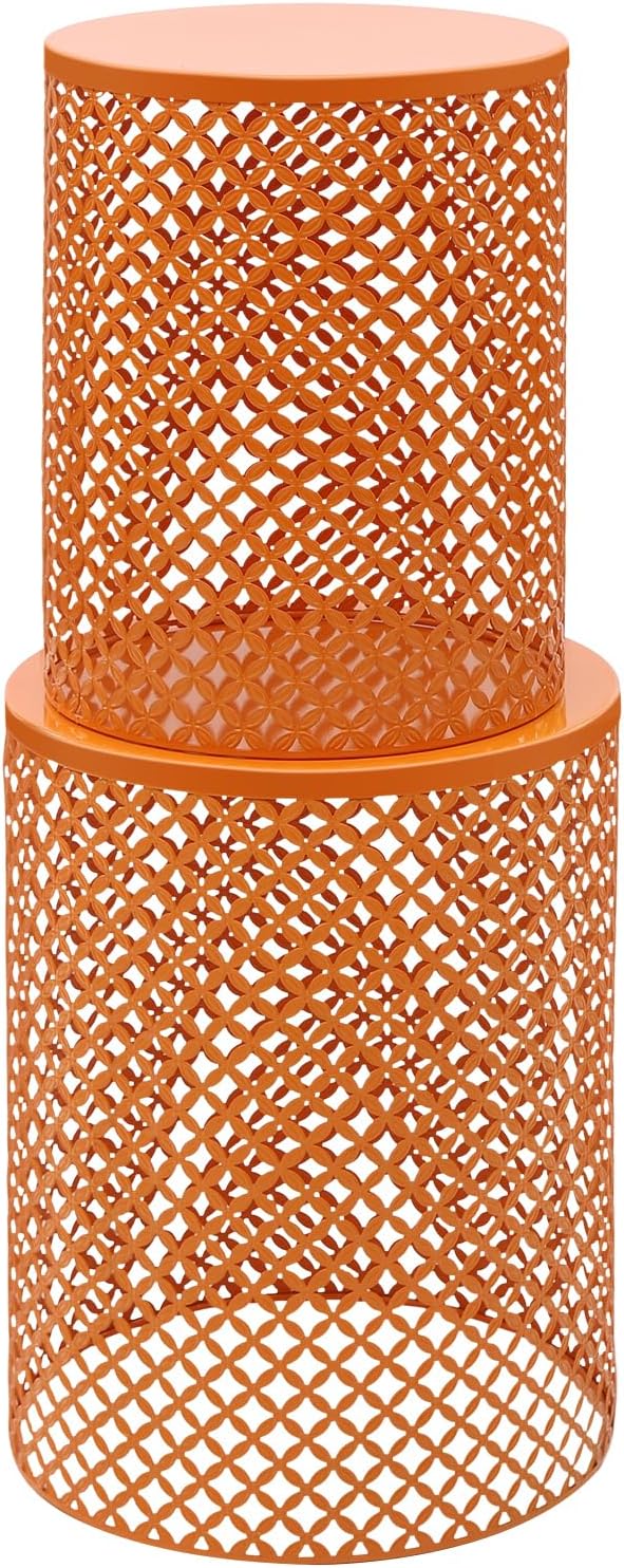 2 Pcs Metal Outdoor Side Table Set, Space-Saving Accent Table with Vintage Openwork Design, Modern Round End Table for Patio, Balcony, Living Room (Orange)