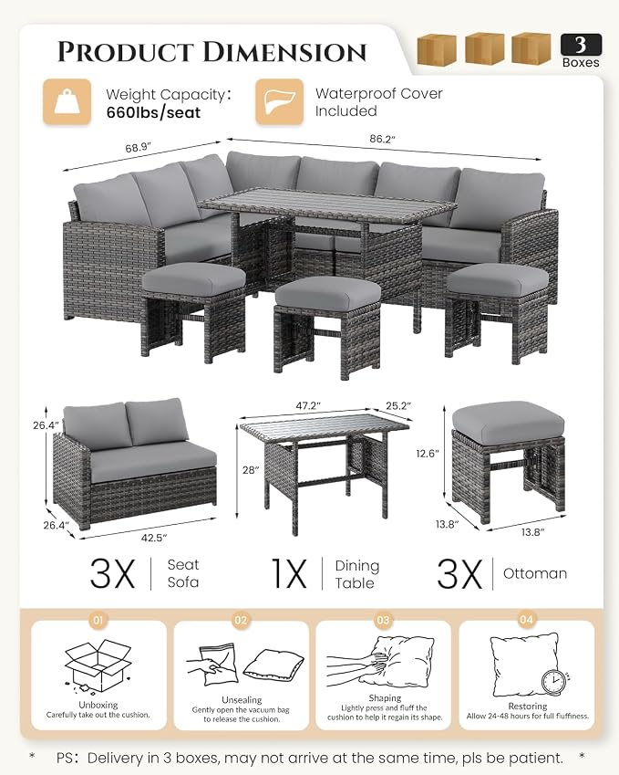 U-MAX 7 Pieces Patio Furniture Set with Waterproof Cover, Outdoor Sectional Sofa Conversation Set, All Weather Wicker Rattan Dining Table & Chair with Ottoman, Grey Rattan&Grey Cushion