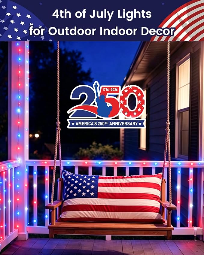 4 Pack 20 FT 60 LED Red White and Blue Battery Operated Fairy Lights Timer | 4th of July Battery String Lights Waterproof Outdoor Indoor, Cuttable Copper Wire, Independence Day Memorial Day Decorations