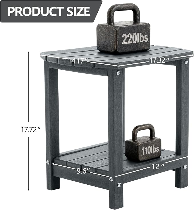 Adirondack Small Outdoor Side Table - Weatherproof HDPE Patio End Table with 2-Tier Storage for Firepit, Balcony, Garden, Poolside or Bathroom (Grey, Set of 1)
