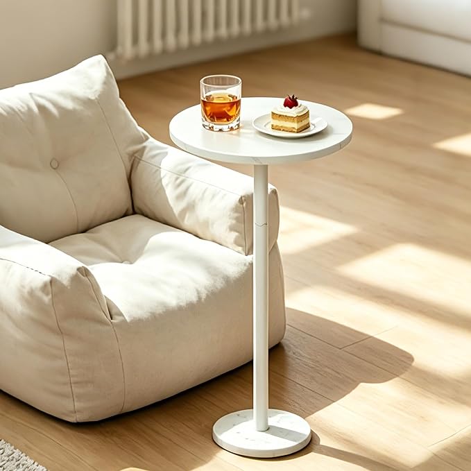 Small Drink Table Round White Side Table with Weighted Marble Base, Indoor Outdoor Pedestal Side Table for Small Spaces, Living Room, Bedroom, Sofa Couch, Office