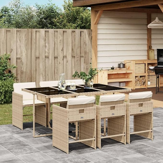 7-Piece Patio Dining Set with Cushions Beige Poly Rattan Outdoor Furniture Set for Garden Backyard Balcony Porch Includes Tempered Glass Table & Foldable Chairs