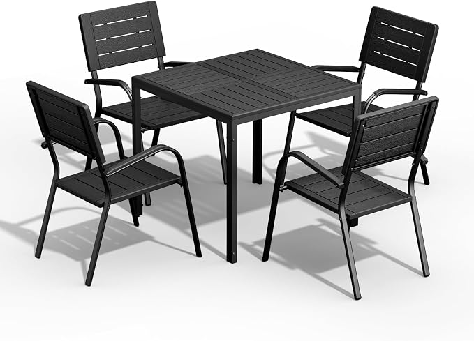 VINGLI Outdoor Patio Dining Set,5 Piece Square Table Patio Furniture Set,HDPE All-Weather Material Outdoor Dining Table and Chair for Garden, Backyard, Poolside,Black