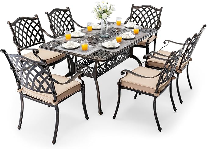 7 Piece Cast Aluminum Outdoor Dining Set, Retro Patio Dining Furniture Set for 6 Includes 59” Rectangular Table 6 Lattice Chairs with Thicker Cushions and Umbrella Hole for Porch Poolside Garden