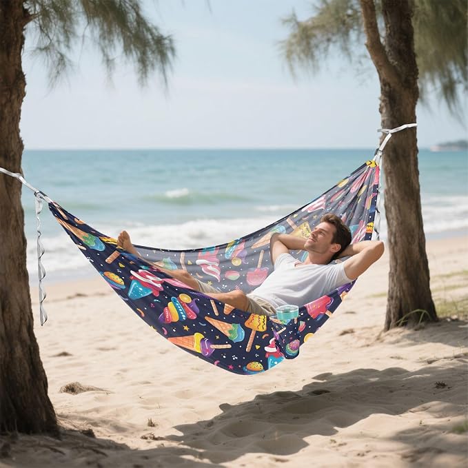 Camping Hammock Outdoor Hammocks for Outside Colorful Ice-Cream Beach Trees Portable Lightweight with Pockets Tree Straps Indoor