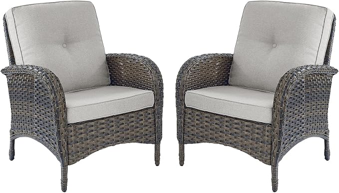 HUMMUH Outdoor Wicker Chairs Patio Dining Chairs Set of 2 with High Back and Deep Seat for Garden,Porch,Backyard,Balcony (Brown/Beige)