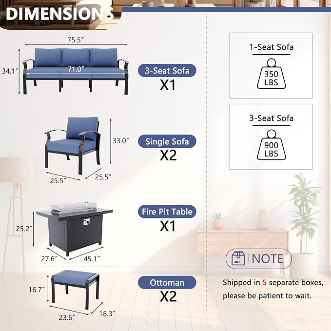 Kurapika Aluminum Patio Furniture Set 5-Seat Modern Metal Outdoor Conversation Sets w/45in Propane Fire Pit Table, w/5.1 Inch Cushion Patio Sectional Sofa with 2 Ottomans, Navy Blue