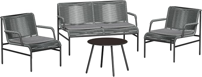 East Oak 4 Piece Patio Furniture Set, Outdoor Furniture with PE Wicker Rattan Chairs and Coffee Table, Modern Patio Conversation Set with Soft Pad for Garden, Backyard and Porch, Misty Grey