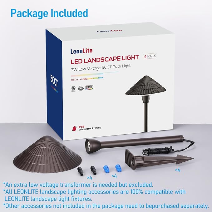 LEONLITE 12-Pack 5CCT LED Low Voltage Landscape Path Lights, 12-24V AC/DC | 3W 120LM, CRI90, ETL Listed, Cast Aluminum, IP65, 1800K/2700K/3000K/4000K/5000K, Wired Pathway Lights, for Yard Lawn