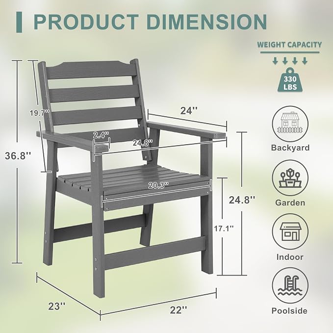 FUNBERRY Outdoor Dining Chair, HDPE All Weather Patio Chair for Outside | Wood-Grain, HDPE All Weather, No Rot or Rust or Crack, UV Fade Shield, 330LBS Weight Capacity, Easy-Clean for Outside