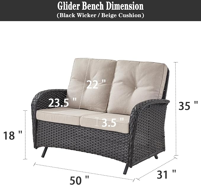 Belord Outdoor Glider Bench Patio Loveseat - 500 Lbs Weight Capacity 2 Seater Wicker Sofa, Small Porch Glider Furniture All Weather Rattan Couch with Removble Cushion for Balcony Deck Backyard, Black