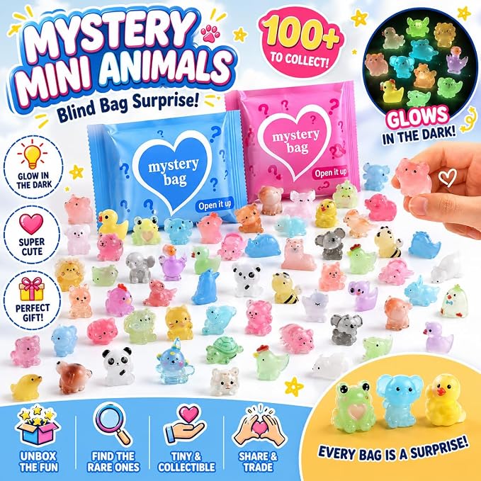 100 PCS Mystery Bag Mini Resin Animals, Glow in The Dark Tiny Animal Figurines Blind Bags Bulk, Cute Mini Resin Figures Surprise Box Toys for Kids, Classroom Prizes Goodie Bag Stuffers Party Favors