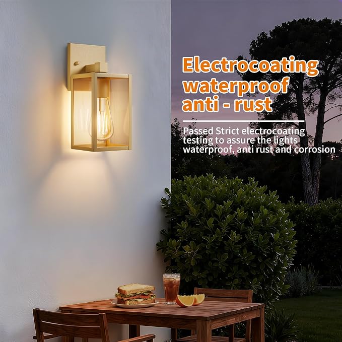 Outdoor Light Fixtures Wall Mount, Waterproof Front Porch Lights, Modern Exterior Lighting Fixtures with E26 Socket, Gold Wall Sconces Lantern Lamp, Outside Lights for House, Garage, Patio (2 Pack）