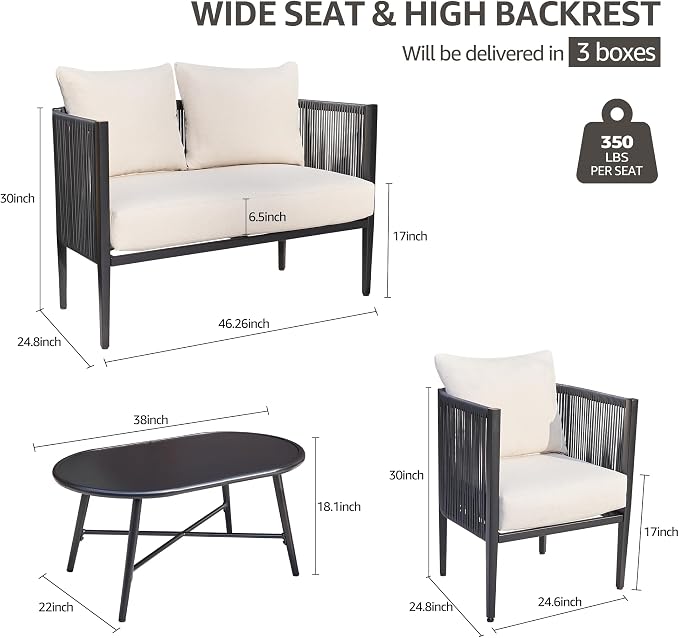 NATURAL EXPRESSIONS 4-Piece Outdoor Patio Furniture Set with Thick Olefin Cushions and Metal Table, Handwoven Rattan Conversation Set for Backyard, Balcony and Garden
