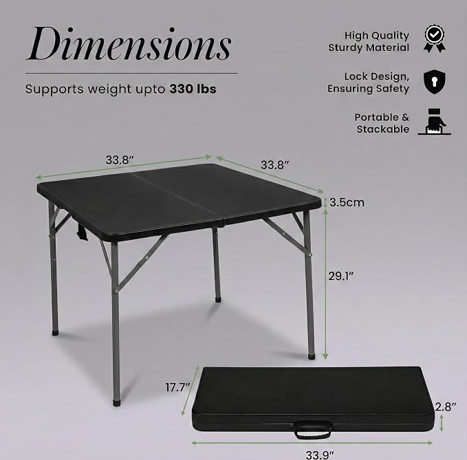 Outdoor 34" Folding Card Table Plastic Table Portable Square Height Dining Table Perfect for Picnics,Parties,Party and Camping