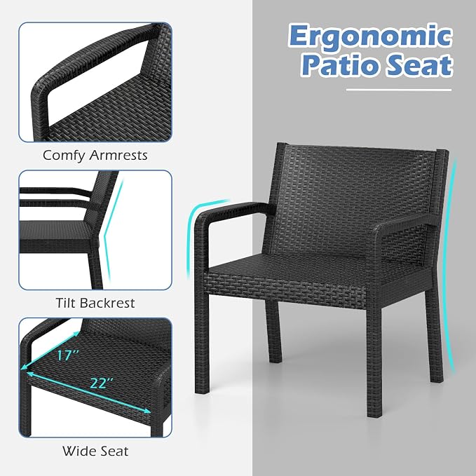 Tangkula 3 Piece Patio Furniture Set, Outdoor Wikcer Conversation Set with 2 Rattan Armchair & 25" Square Side Table, for Patio, Garden, Poolside, Bistro (Black)