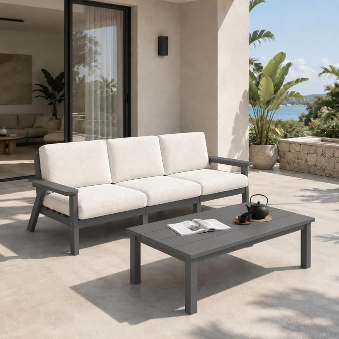 43.9" HDPE Outdoor Coffee Table (Gray) | All-Weather HDPE, Easy Assembly, Low-Maintenance, Large Tabletop, For Patio Deck Poolside Backyard Use