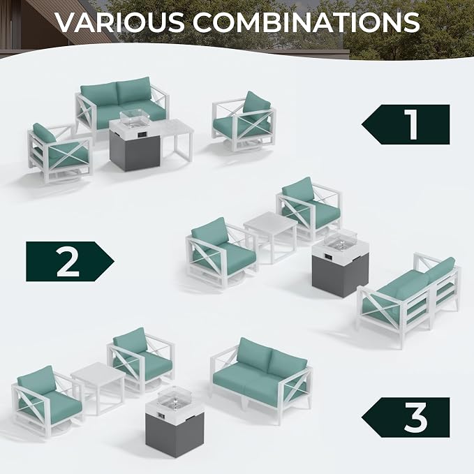 Aluminum Patio Furniture Set, 5-Seat Outdoor Conversation Set with 2 Swivel Rocking Chairs & 2 Coffee Tables, Weather-Resistant Sofa Set for Poolside, Garden, Backyard – White