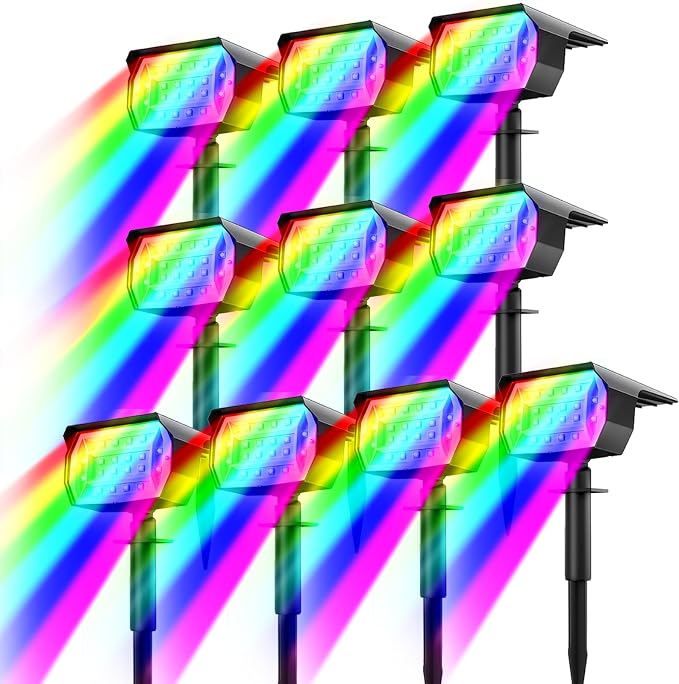 nipify Solar Spot Lights Outdoor Color Changing, Halloween RGB Spotlights | 10 Pack/7 Modes, Waterproof, Solar Powered, Landscaping, Lighting for Outside Pathway Yard Wall Garden Walkway