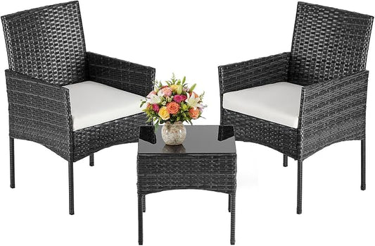 DUMOS 3-Piece Patio Furniture Set, All-Weather Outdoor Wicker Chairs with Removable Cushions & Tempered Glass Table, Small Bistro Set for Porch, Balcony, Lawn, Backyard, Black