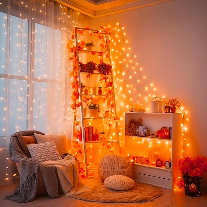 JMEXSUSS Connectable 100 LED Orange Halloween Lights Indoor with 8 Modes | 33ft Halloween String Lights Clear Wire, Plug in Fall Lights Thanksgiving Lights, Christmas Twinkle Lights Plug in for Tree