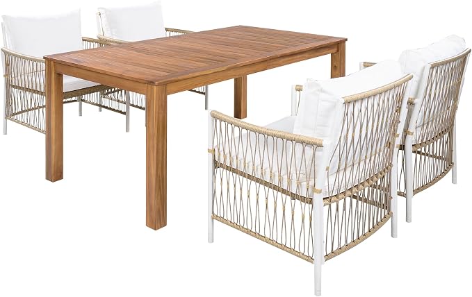 5-Piece Outdoor Patio Dining Set, All-Weather Acacia Wood 67''L Rectangular Dining Table with 4 Rattan Arm Chairs for Backyard, Garden, Poolside (Natural+R5)