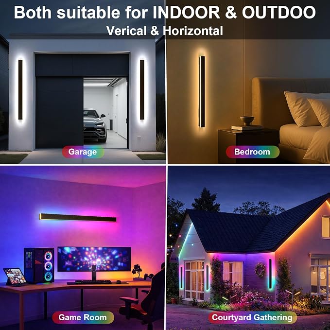 Modern Outdoor RGB Wall Lights, 71 Inch RGB Warm White Dimmable Exterior Wall Sconce, Ip65 Waterproof Black Linear Long Wall Light with Remote and APP Control for House, Garage, Front Door, Porch