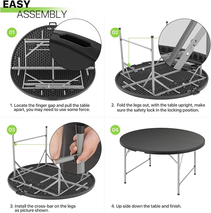 Magshion 53" Round Folding Table, 4.5 Feet Bi-Folding Plastic Commercial Dining Card Table w/Carrying Handle for Outdoor Wedding Party Event Picnic, Black