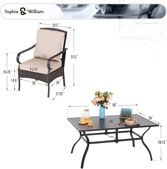 Sophia & Willliam Oversized Outdoor Dining Set 7 Piece Metal Patio Table and Chairs Set with 6 Large Padded Patio Dining Chairs & 60" Rectangular Dining Table, Deck,Lawn,Kitchen Furniture