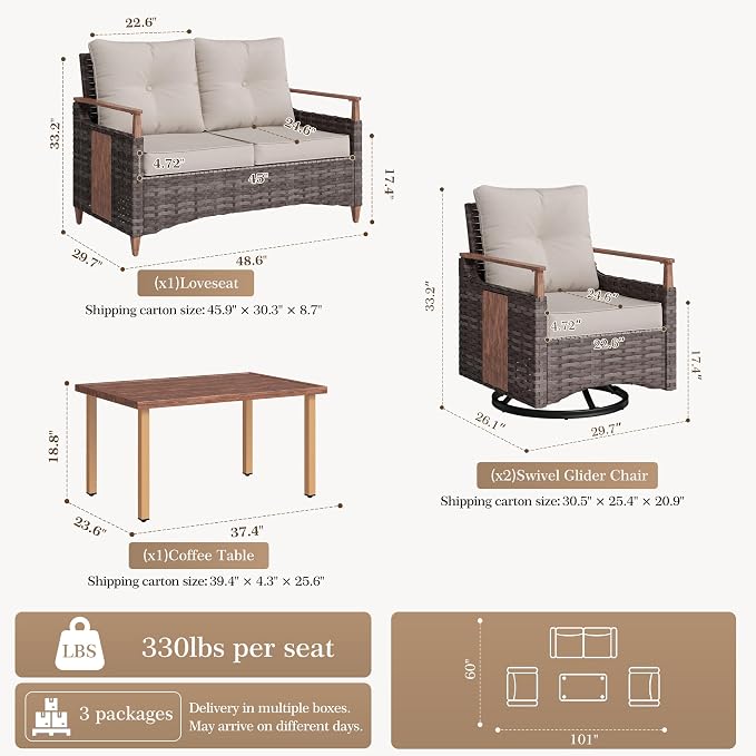 NestNook 4 Pieces Patio Furniture Set, Outdoor All-Weather Handwoven PE Wicker Swivel Chairs, Conversation Set with Coffee Table, Loveseat & Thick Cushion for Backyard, Deck & Poolside, Beige