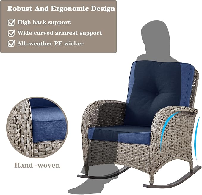 Belord Patio Rocking Chairs Wicker Set - Outdoor Rocking Chairs Set of 2 with Side Table, 3 Piece Patio Rocker Furniture Set with Water-Resistant Cushions for Porch Balcony Backyard
