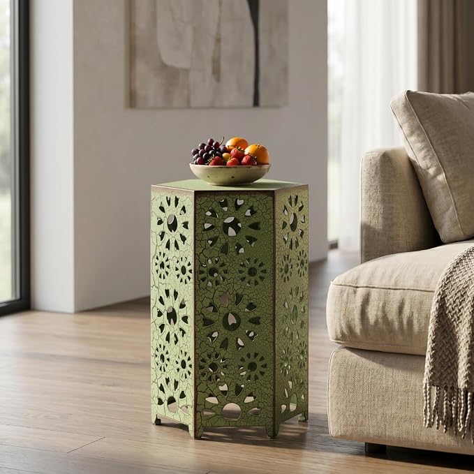 12" Green Outdoor Side Table, Metal Cutout Side Table, Patio Garden Stool | Coffee End Tables for Small Spaces, Living Room, Backyard, Poolside