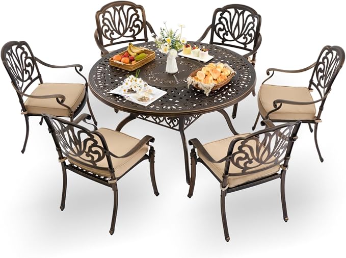 7-Pcs Cast Aluminum Patio Dining Set for 6, 54" Round Table,Bronze | Outdoor Furniture Set Include Dining Table and 6 Stackable Chairs with Cushions & Umbrella Hole